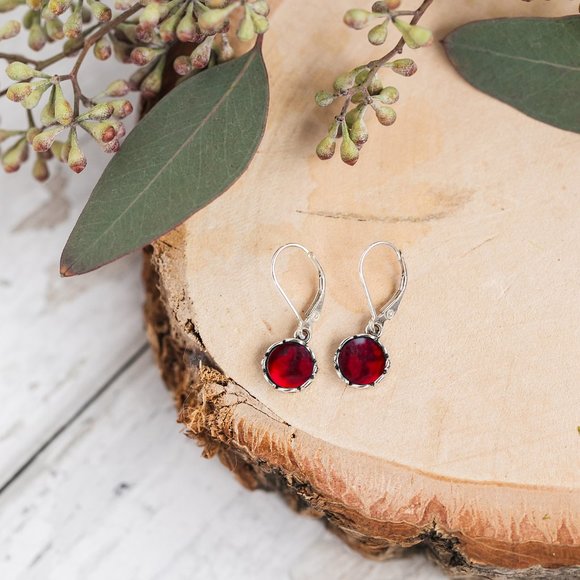 Recycled Vintage 1940's Ruby Beer Bottle Sterling Botanical Lever back Earrings - Picture 3 of 4